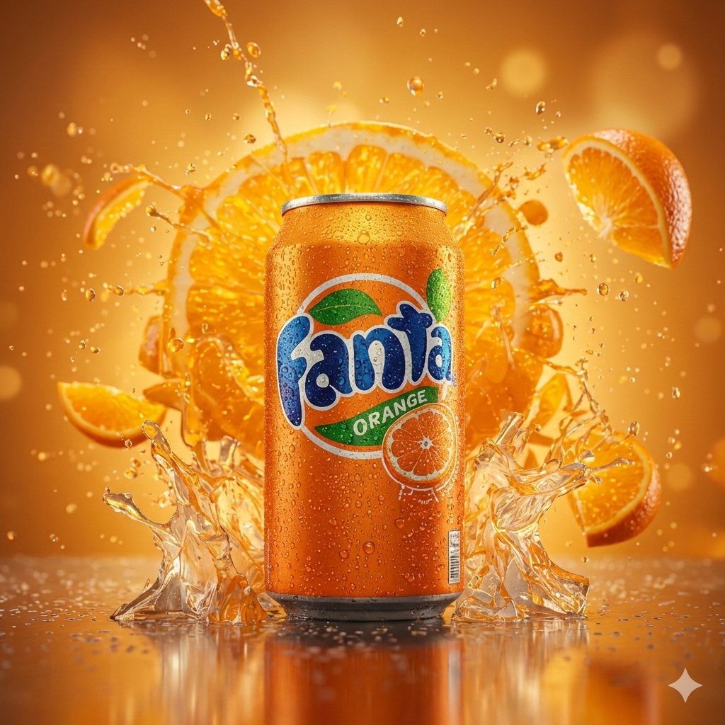 E-commerce Main Image - Hyper-realistic cinematic product shot of Fanta Orange can with exploding orange slices — output 1