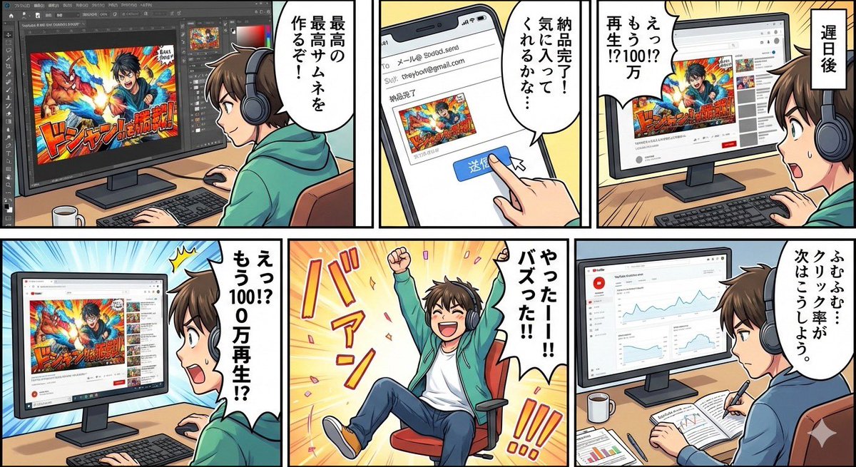 Five-panel manga of a YouTube thumbnail creator workflow — output 1