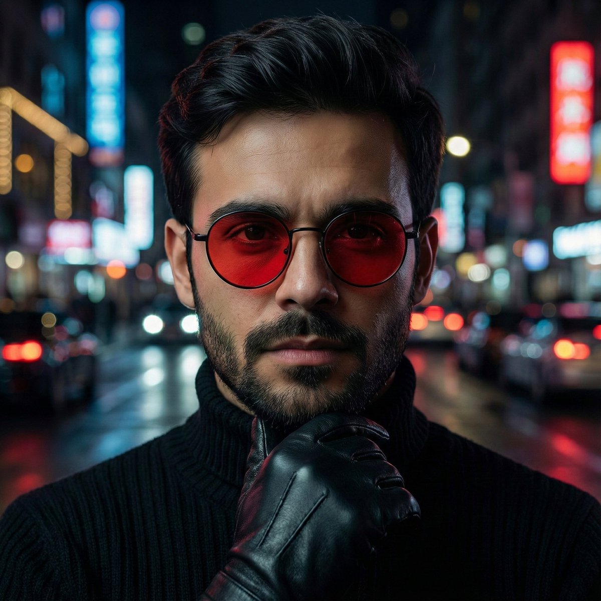 Cinematic Close-Up Portrait Prompt with Red-Tinted Glasses — output 1