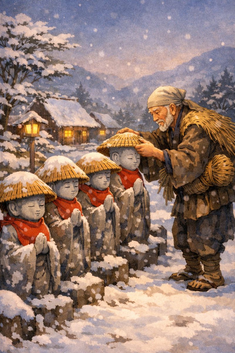 Kasa Jizo Folktale Illustration Prompt — output 1