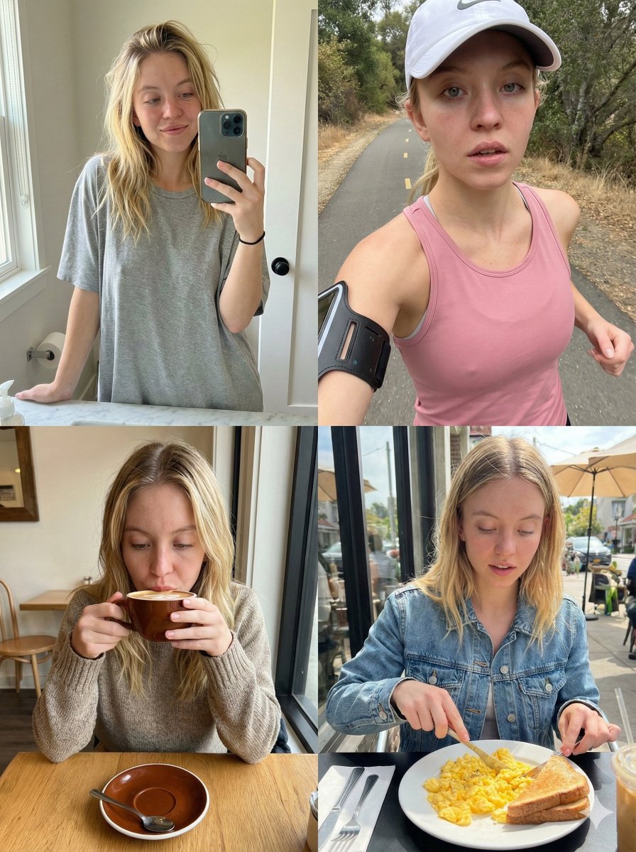 Sydney Sweeney Morning Routine 2x2 Grid Prompt — output 1