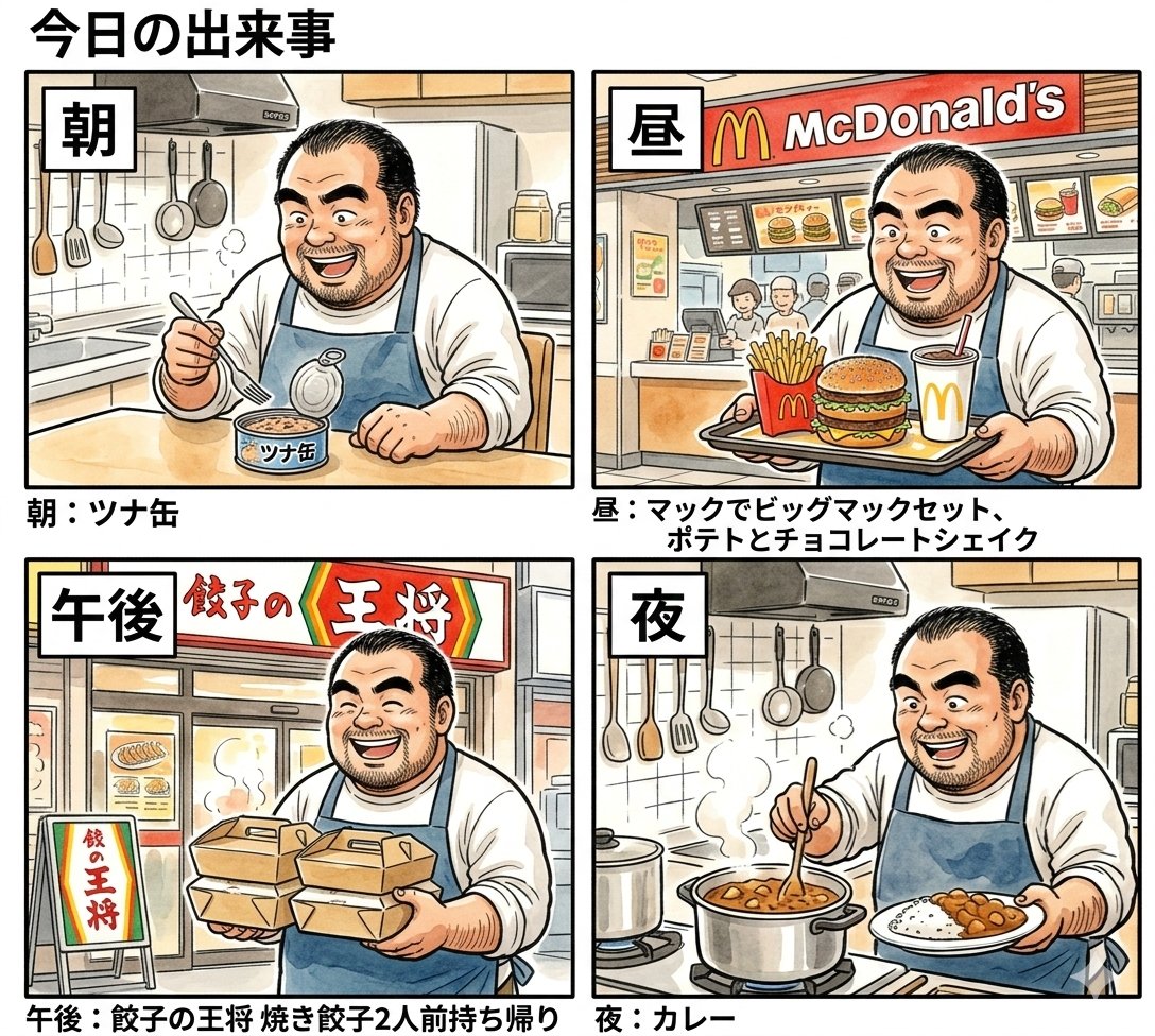 Comic / Storyboard - 4-Panel Manga Prompt: A Day's Meals — output 1