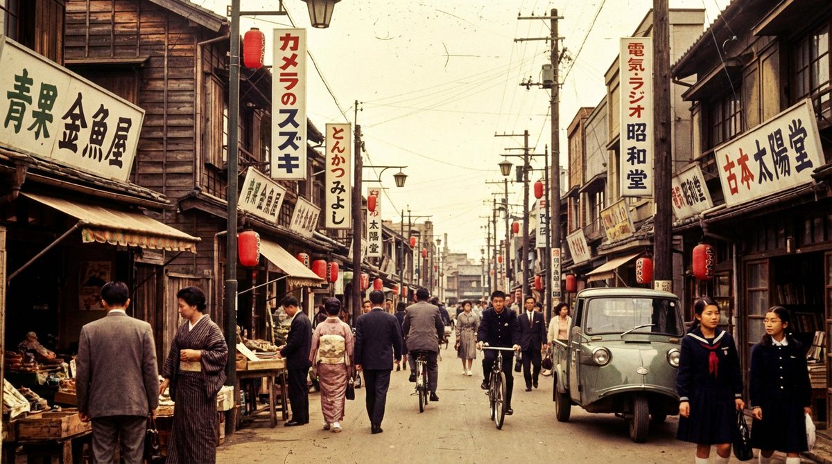 High economic growth era Japanese downtown shopping street — output 1