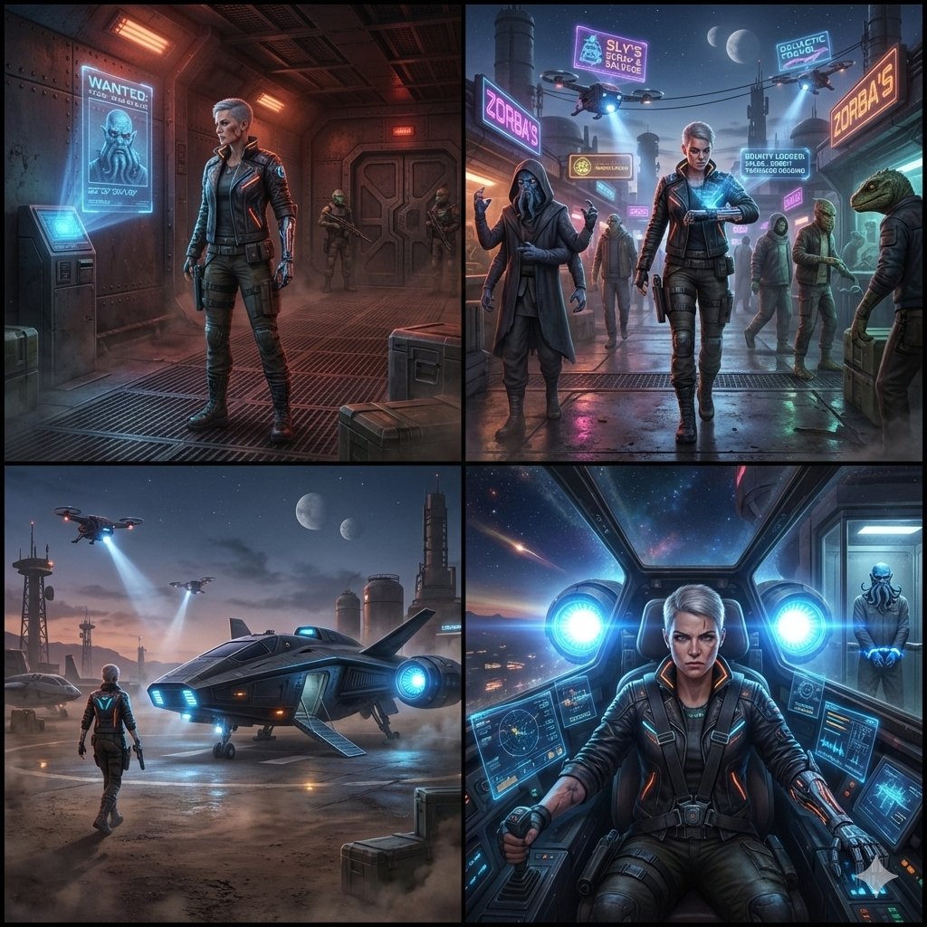 Comic / Storyboard - Sequential Sci-Fi Bounty Hunter Story Grid — output 1