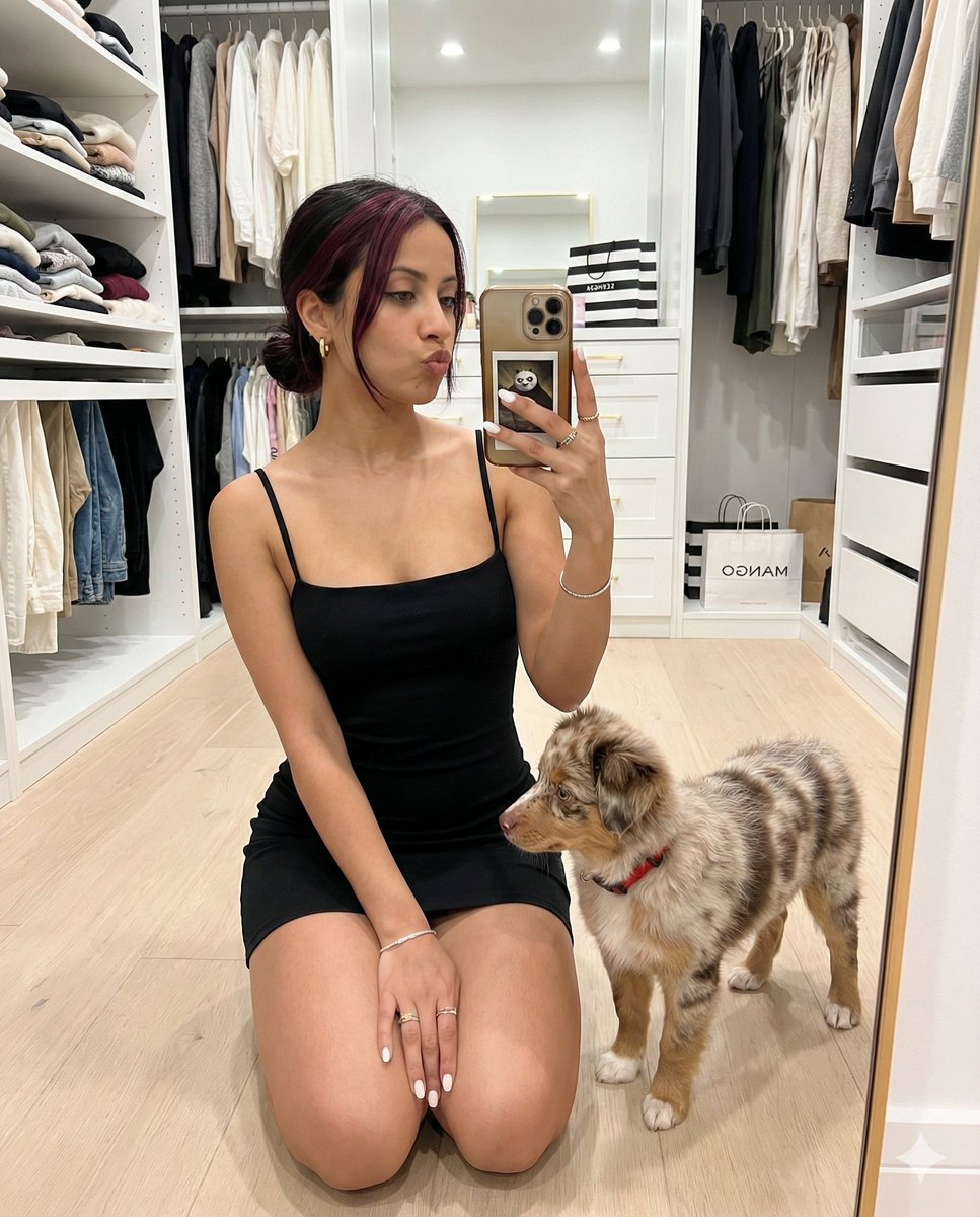 Profile / Avatar - Luxury Closet Mirror Selfie with Dog and Reference Face — output 1