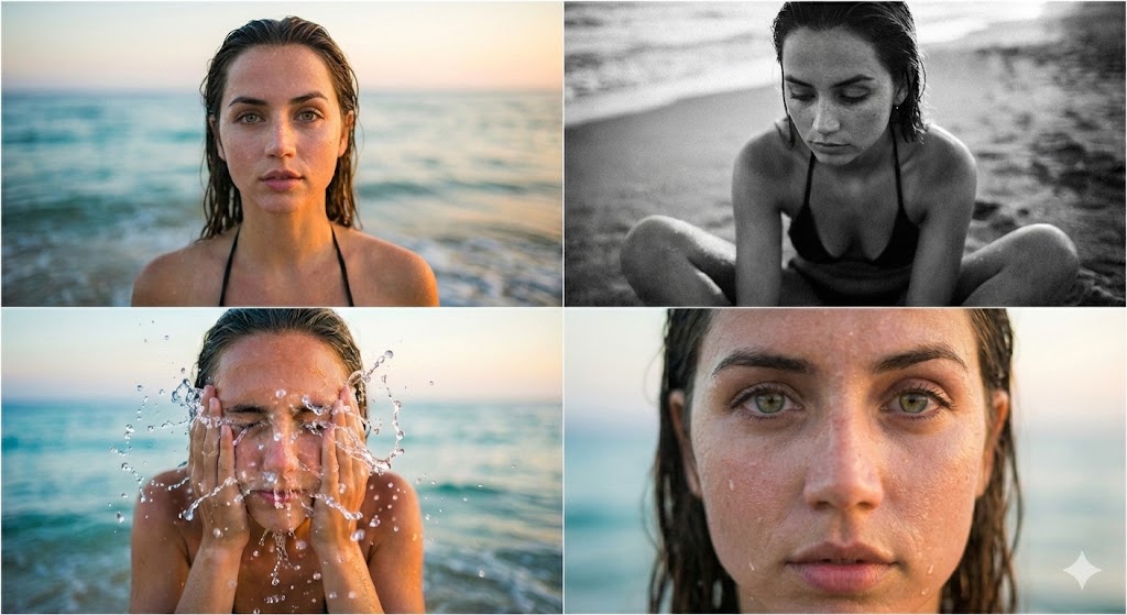 Ana de Armas Cinematic Beach Collage Prompt — output 1