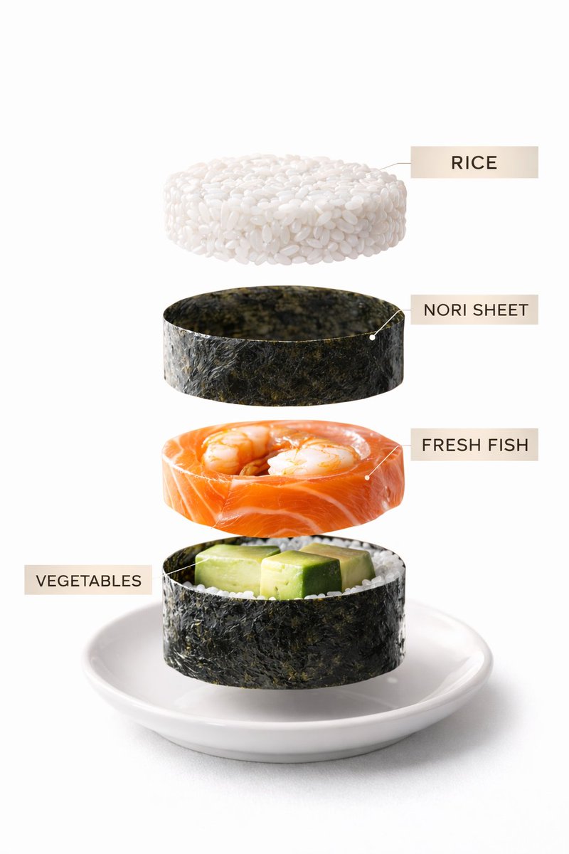 Infographic / Edu Visual - Sushi Commercial Photography and Exploded Diagram Prompt — output 1