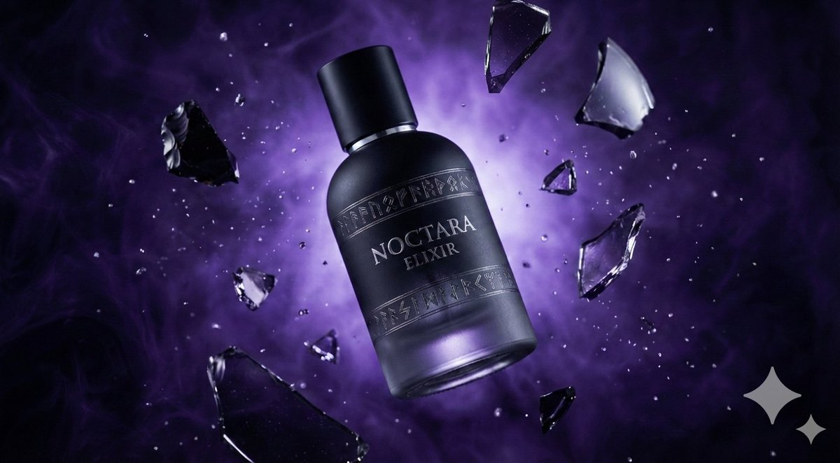 E-commerce Main Image - Matte Black Elixir Bottle with Purple Smoke Background — output 1