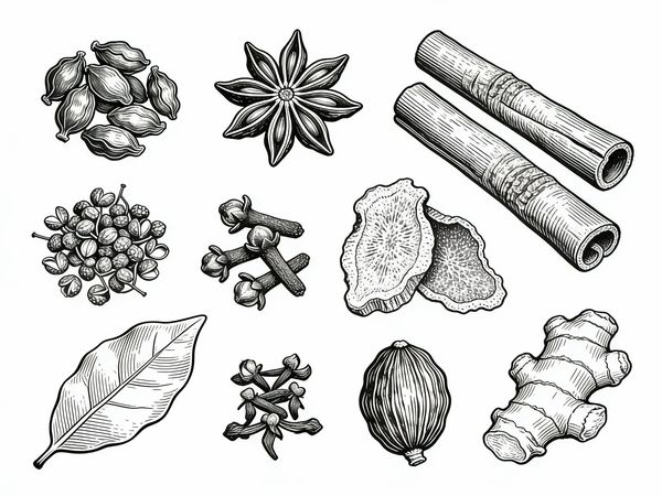 Line Art of Traditional Chinese Seasoning Herbs — output 1