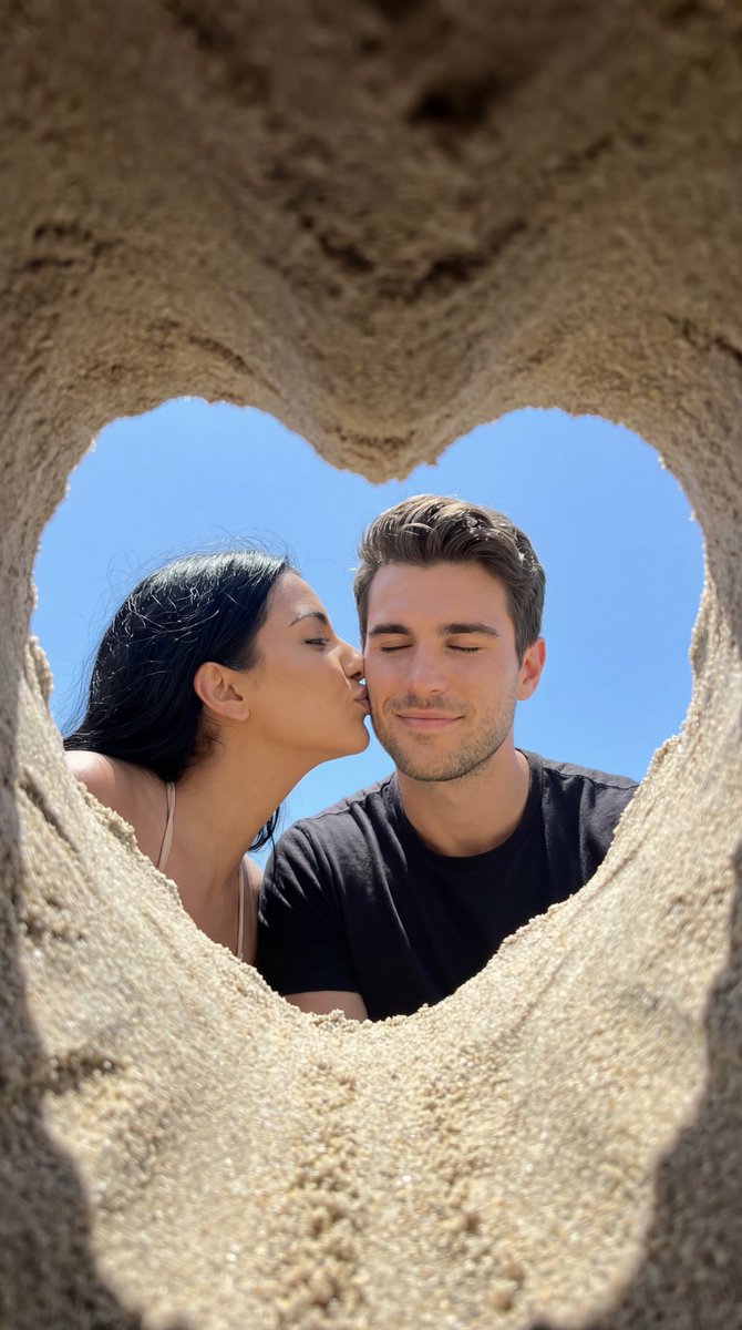 Candid Beach Kiss Framed by Sand Heart — output 1