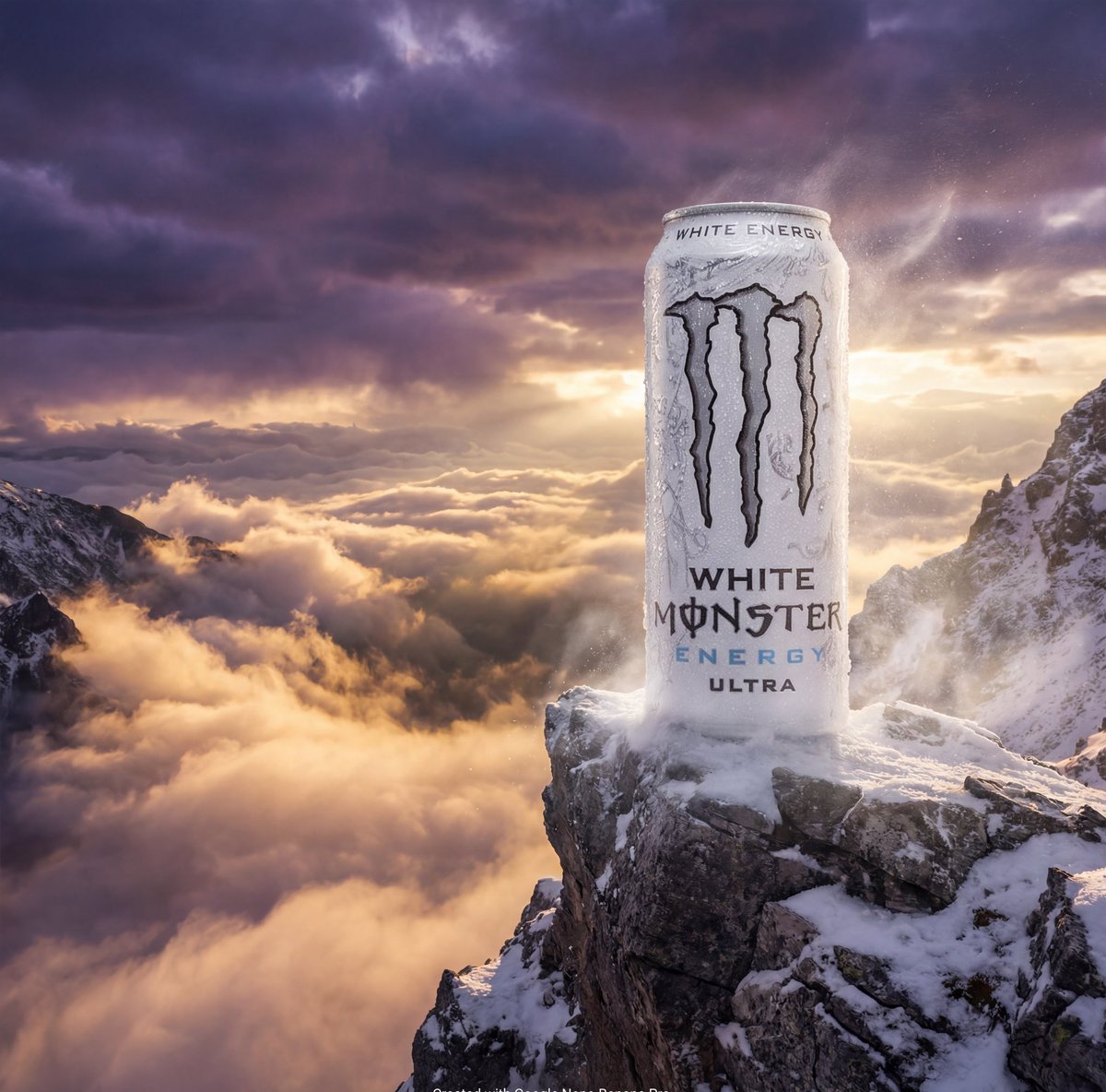 Product Ad: Monster Energy Can on Mountain Peak — output 1