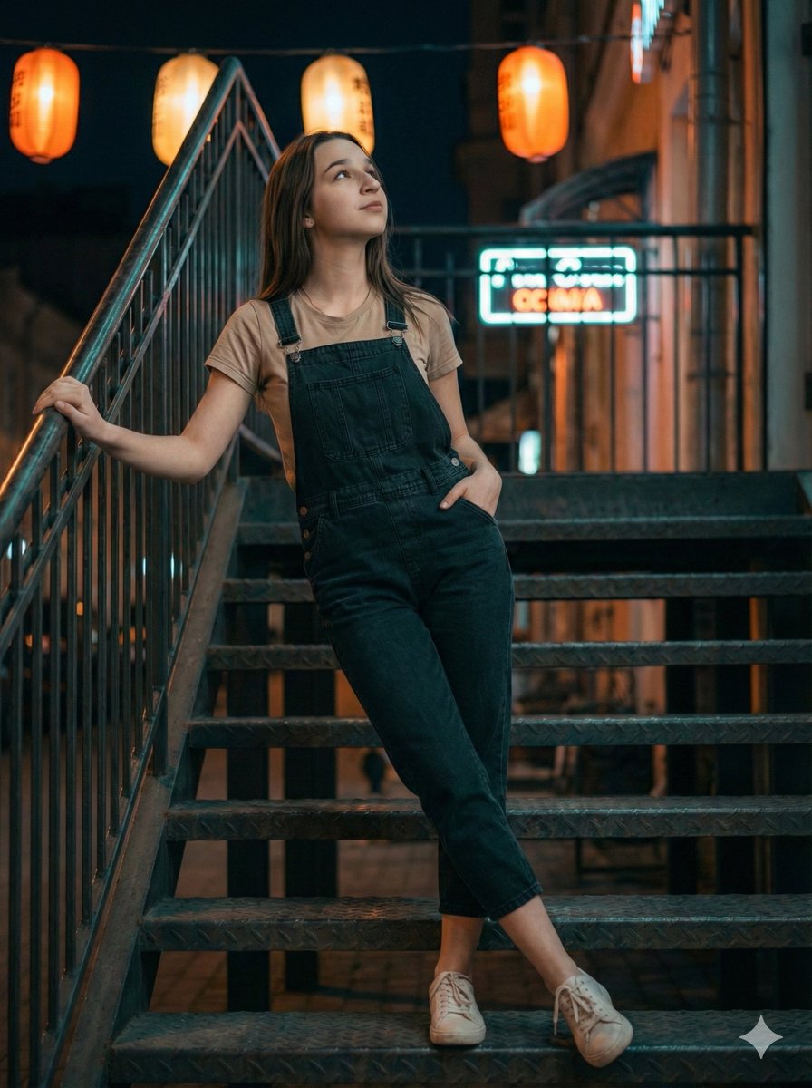 Cinematic Night Portrait on Urban Stairs — output 1
