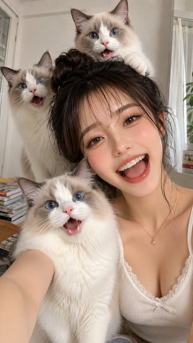 Profile / Avatar - Three Cats Morning Selfie Prompt — output 1