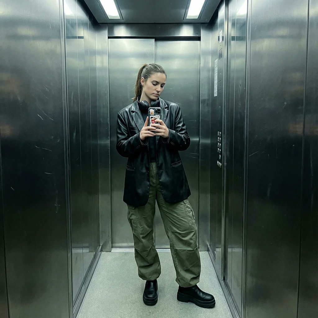 Structured Prompt for Smartphone Mirror Selfie in an Elevator — output 1