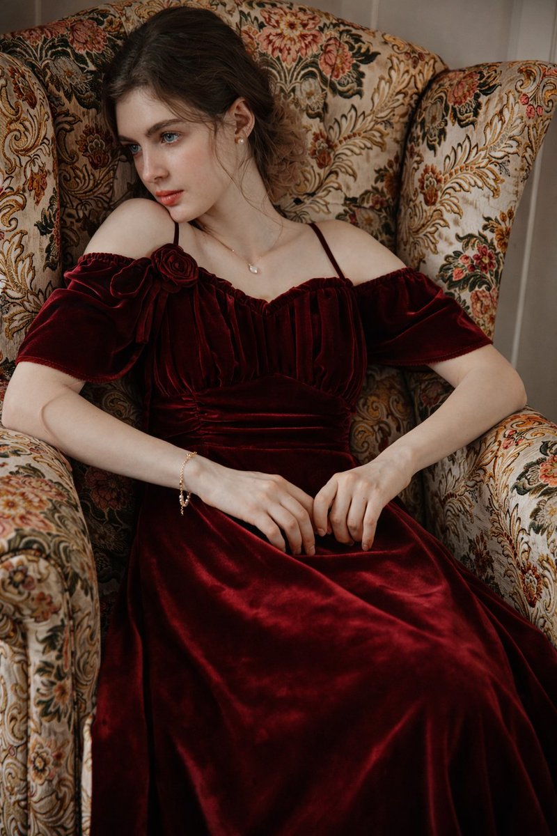 8K Photorealistic Portrait in Burgundy Velvet Dress — output 1