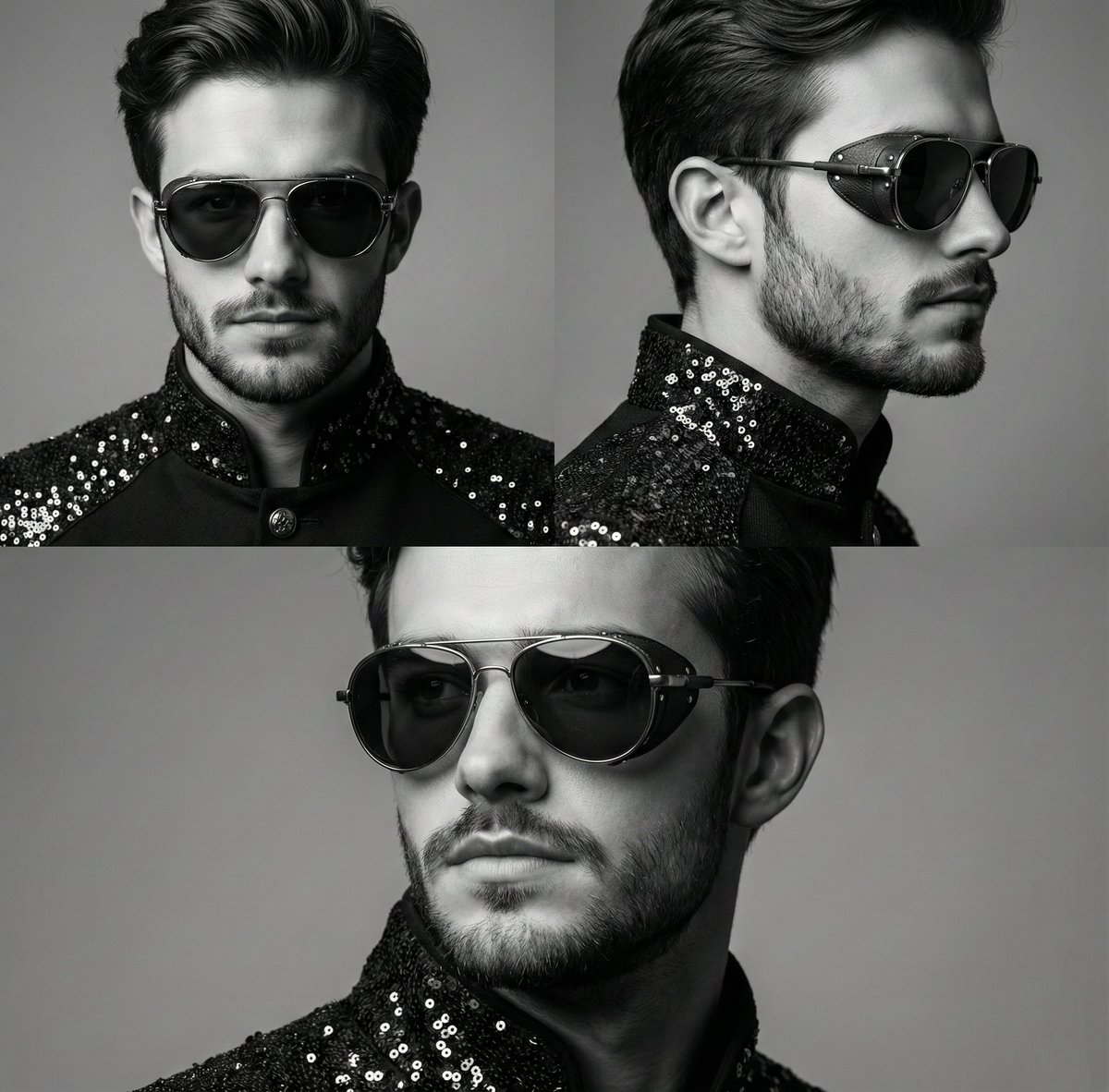 High-Contrast Monochrome Triptych Portrait with Steampunk Sunglasses — output 1