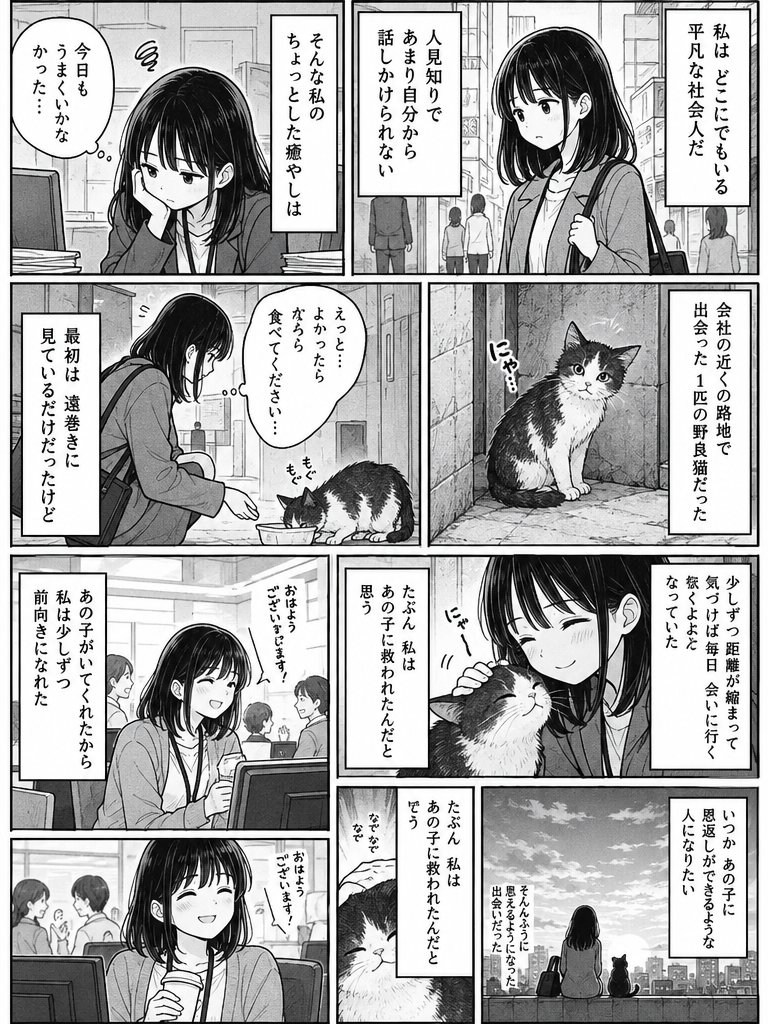 Comic / Storyboard - Monochrome Manga Woman and Stray Cat — output 1