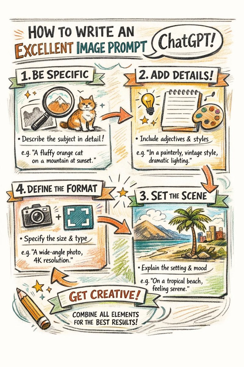 Hand-drawn infographic on writing image prompts — output 1
