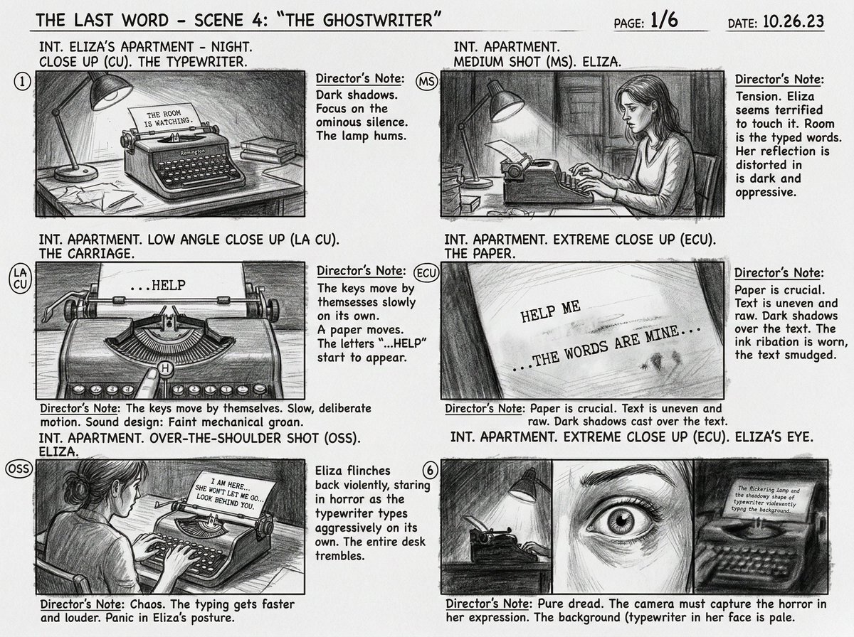 Comic / Storyboard - Six-Panel Cinematic Storyboard Sketch — output 1