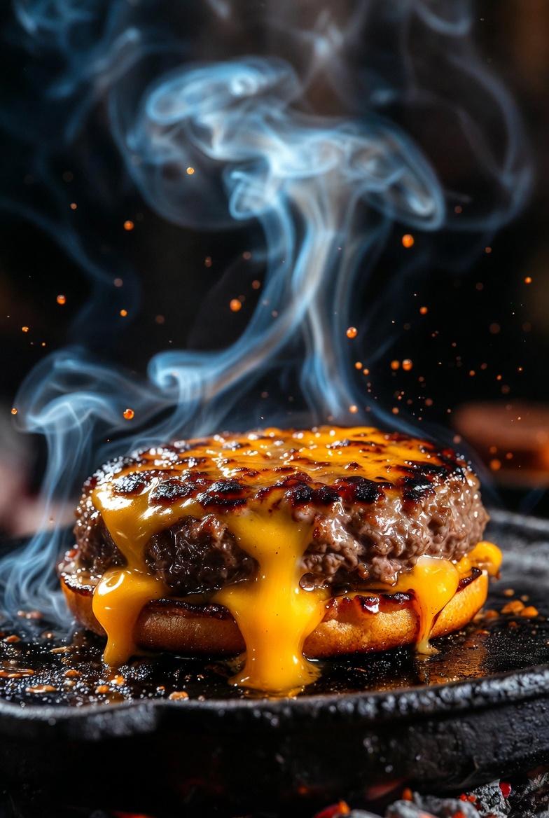 Cinematic Macro Shot of Sizzling Cheeseburger — output 1