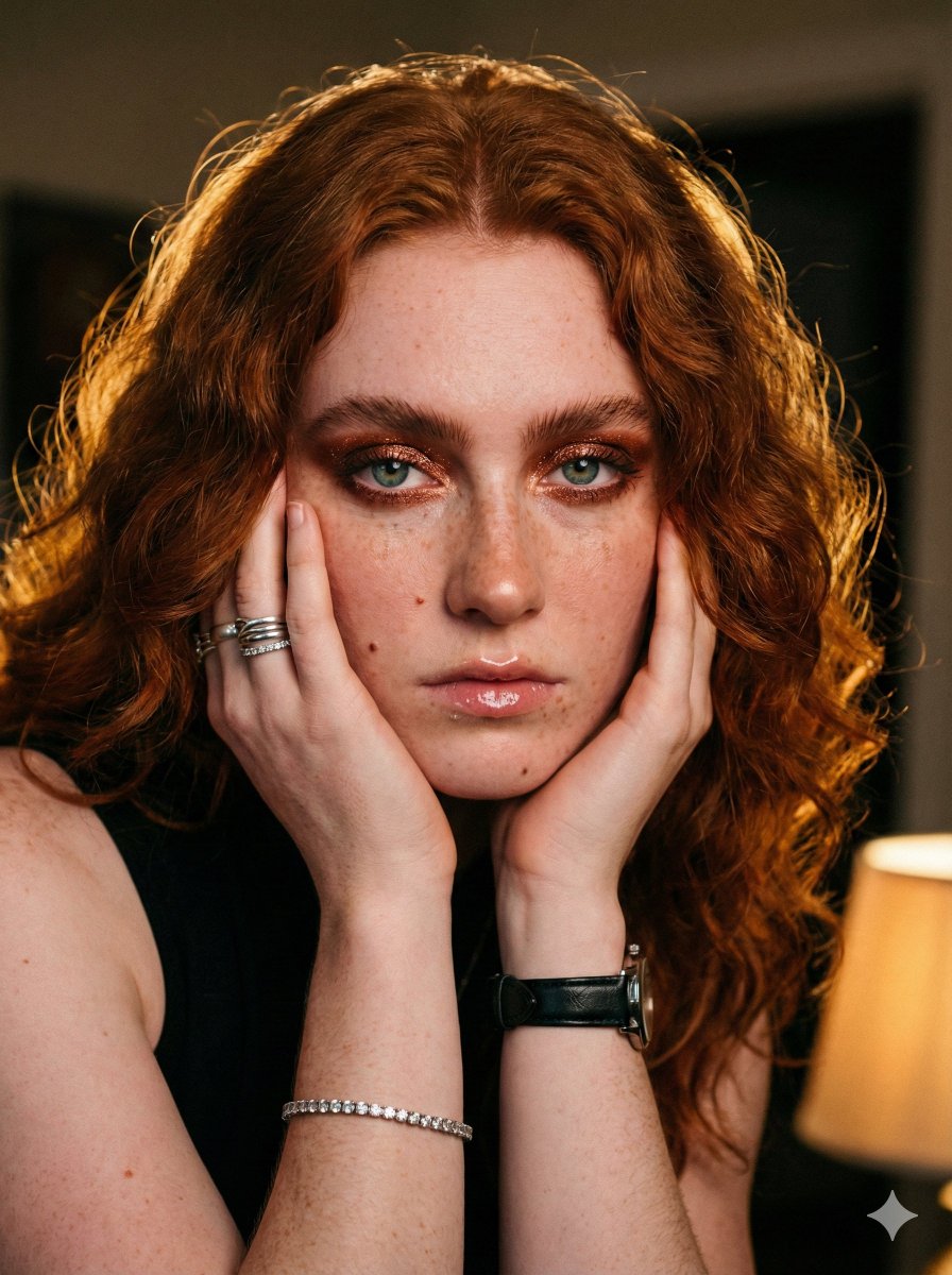 Intimate Auburn Portrait with Rembrandt Lighting Prompt — output 1