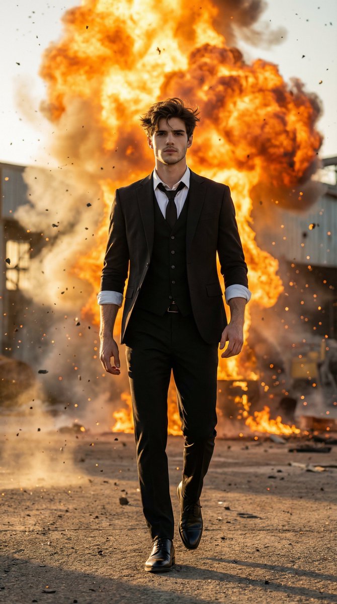 Action Hero Walking Away from Explosion Prompt (Image-to-Image) — output 1