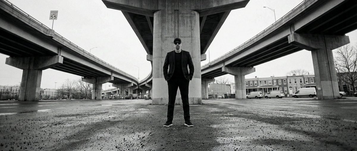 High-Contrast Documentary Photo Under a Brutalist Overpass — output 1
