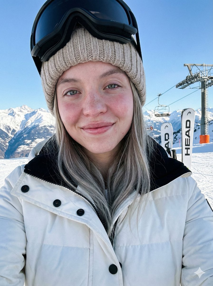 Sydney Sweeney Ski Vacation Selfie Portrait — output 1
