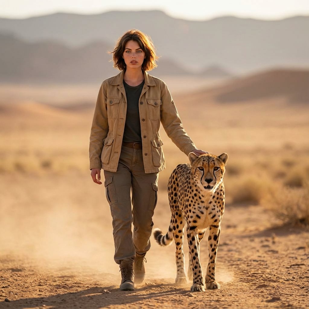 Golden Hour Desert Photo of Woman and Cheetah — output 1