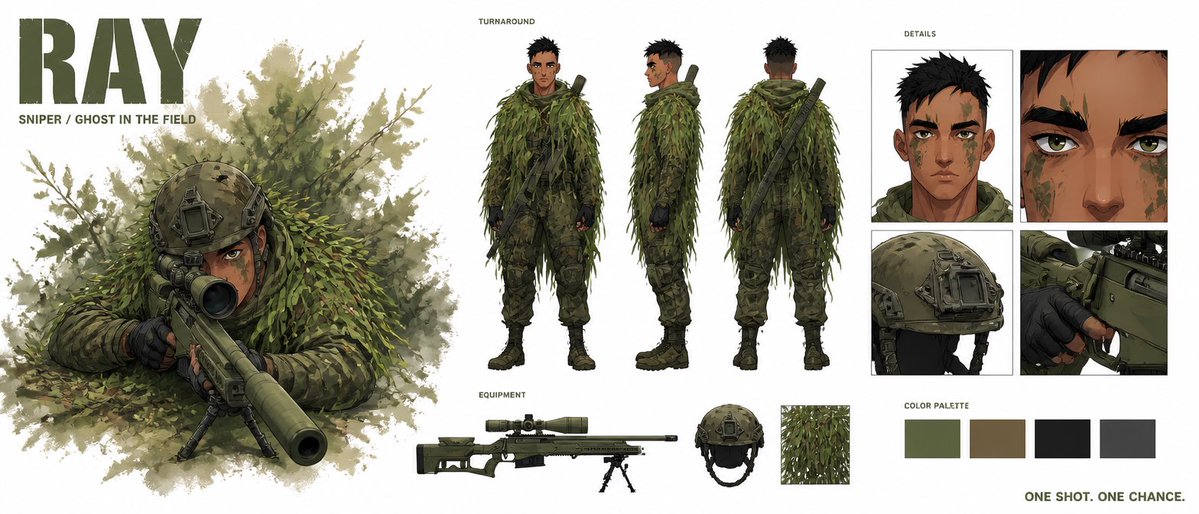 Comic / Storyboard - Cinematic Sniper Character Bible Sheet — output 1