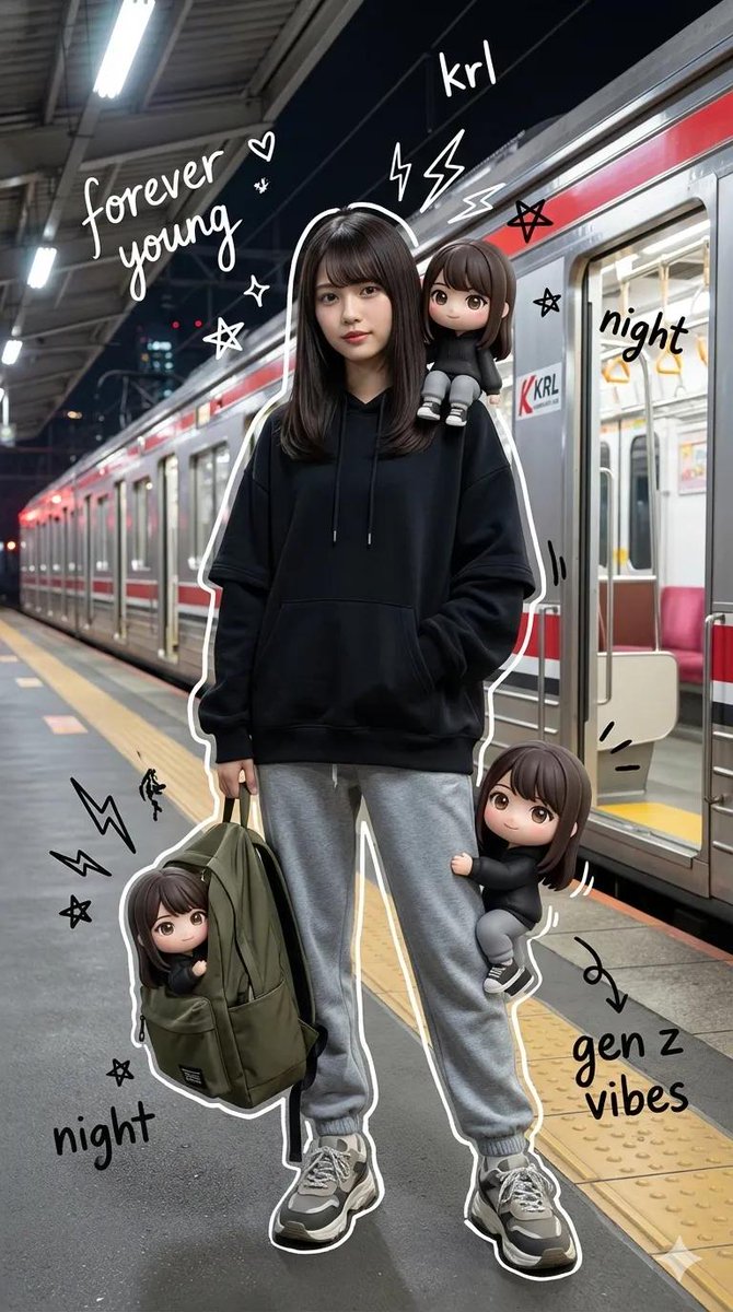 Mixed-Media Portrait with Chibi Overlays at Night Train Station — output 1