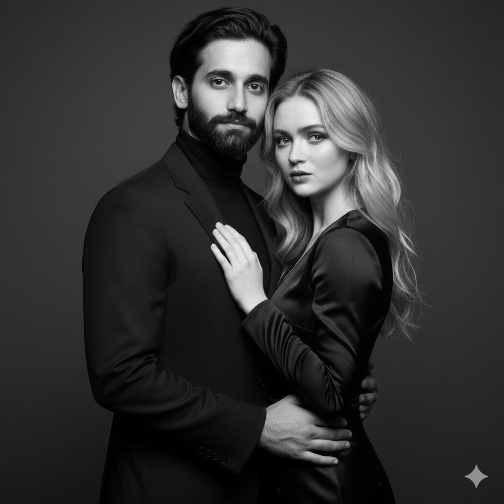Black-and-White Studio Portrait of a Couple with Identity Lock — output 1