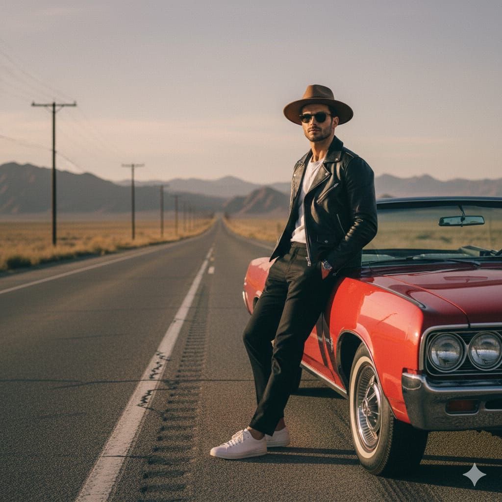 Cinematic Desert Highway Fashion Portrait Prompt — output 1
