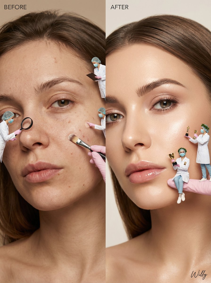 Surreal Skincare Before/After Editorial with Miniature Figures — output 1