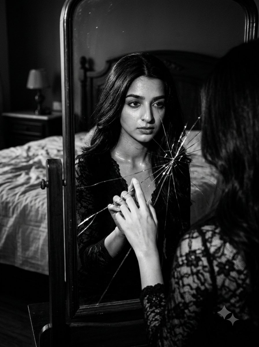 Social Media Post - Film Noir Cracked Mirror Portrait — output 1
