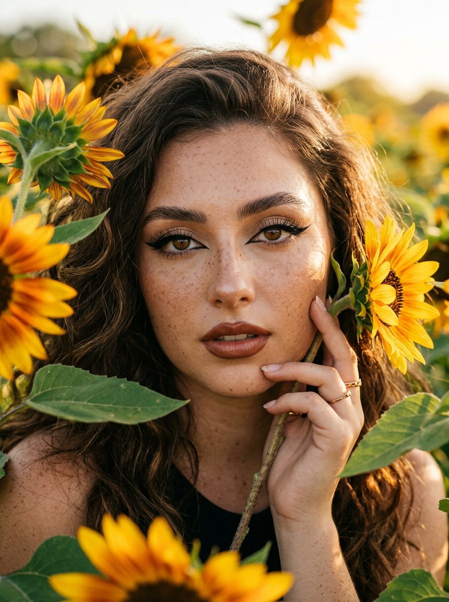 Product Marketing - Sunflowers and Cinematic Eye-Lip Portrait — output 1