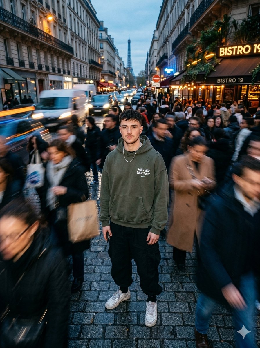 Social Media Post - Streetwear Model in Paris Crowd — output 1
