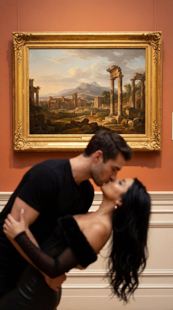 Product Marketing - Cinematic Museum Romance Dip-Kiss Editorial Prompt — output 1