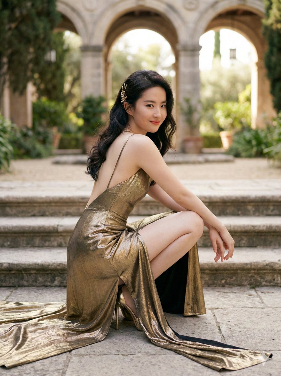 Elegant Outdoor Portrait in Gold Evening Gown — output 1