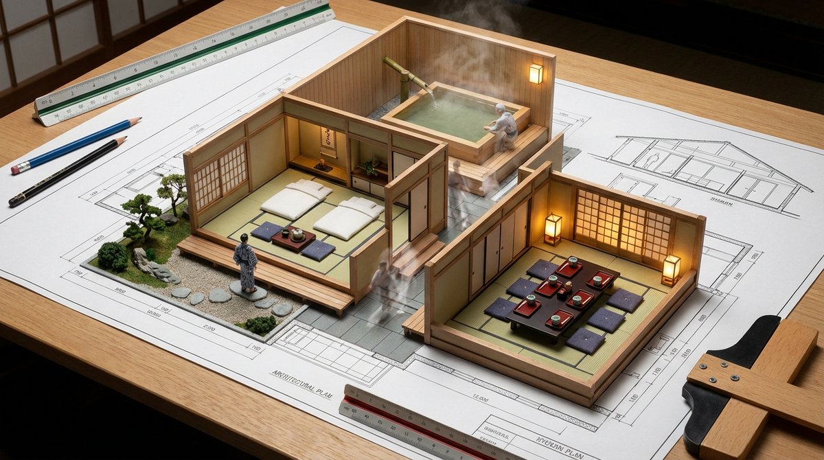 Infographic / Edu Visual - Architectural Blueprint to Miniature Japanese Inn Scene — output 1