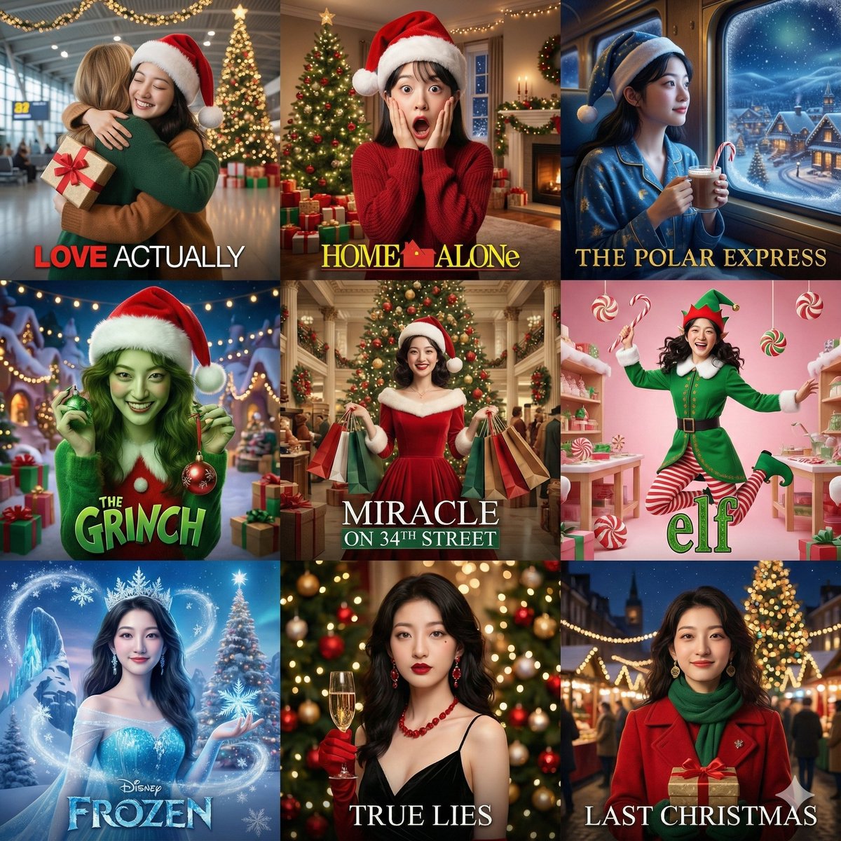 9-Panel Christmas Movie Scene Collage Prompt — output 1