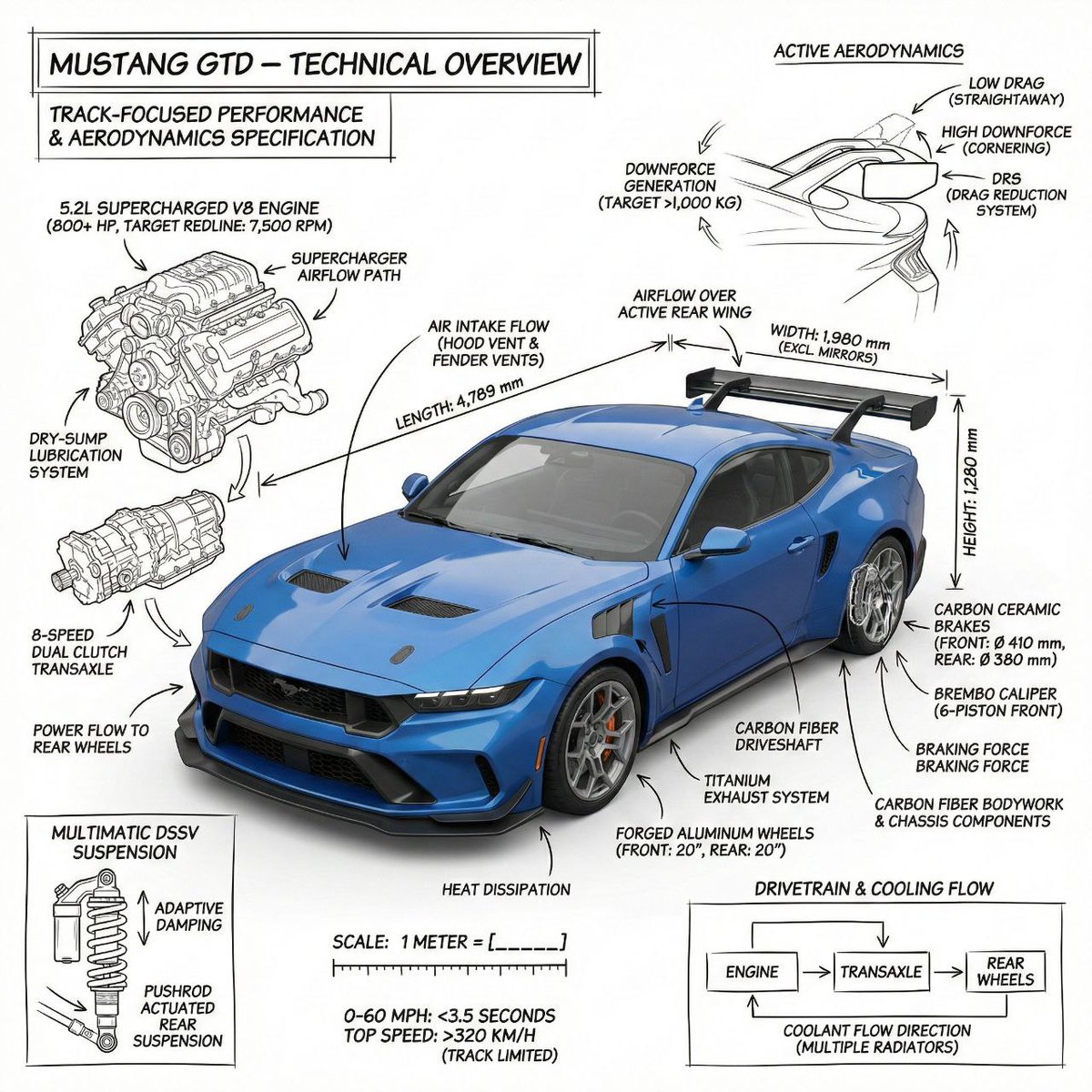 Infographic / Edu Visual - Infographic image of Mustang GTD with technical annotations — output 1