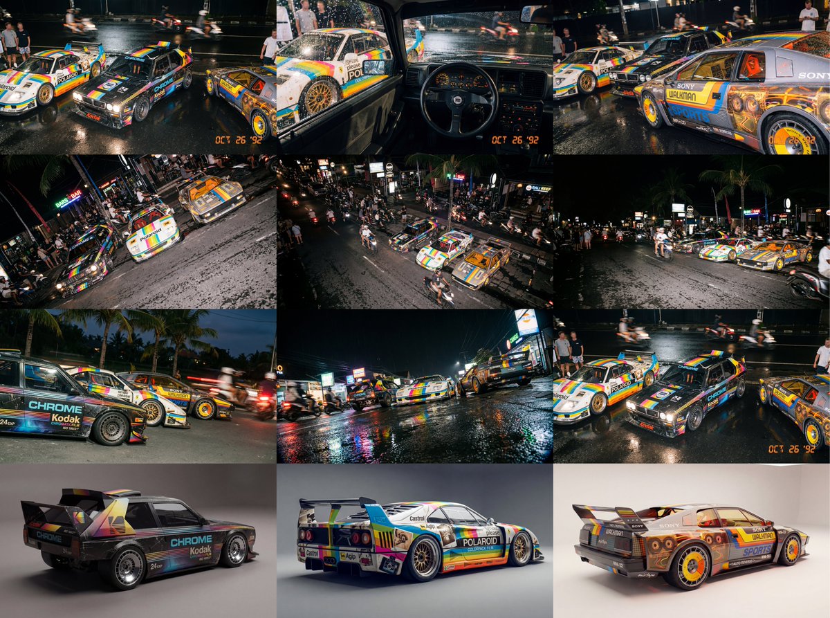 Composite Racing Car Shot with Vintage Film Branding — output 1