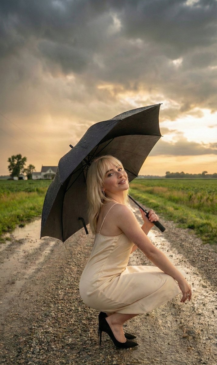 Cinematic Portrait of Sabrina Carpenter in a Stormy Rural Setting — output 1