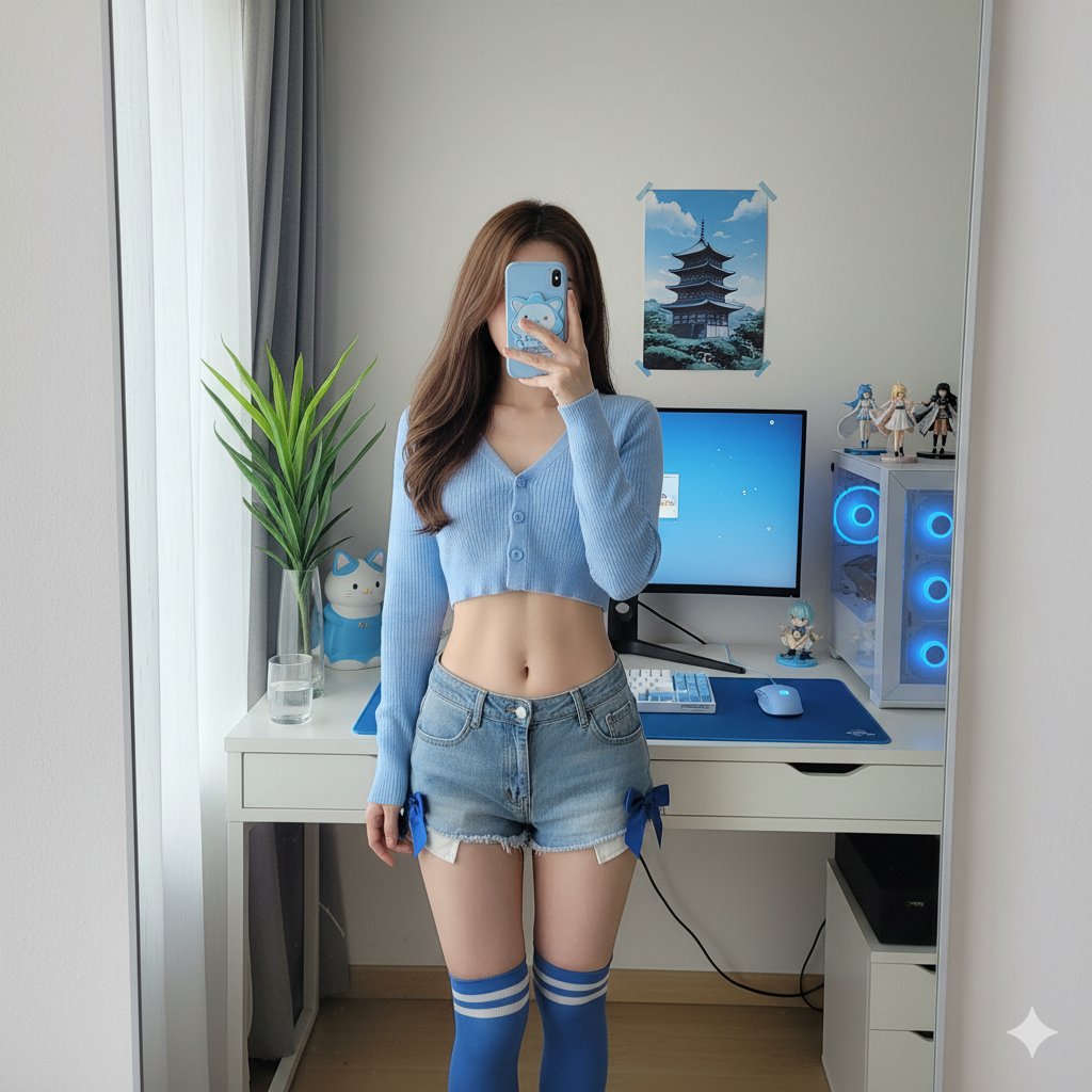 Detailed mirror-selfie otaku room scene — output 1