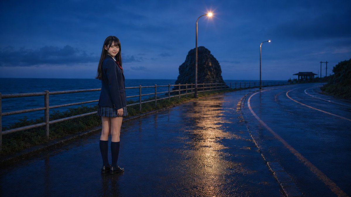 Comic / Storyboard - Rainy Coastal Schoolgirl Scene — output 1