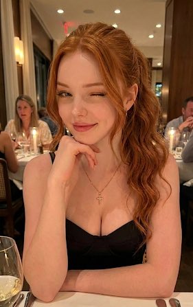 Profile / Avatar - Realistic portrait of a young woman winking in an upscale restaurant — output 1