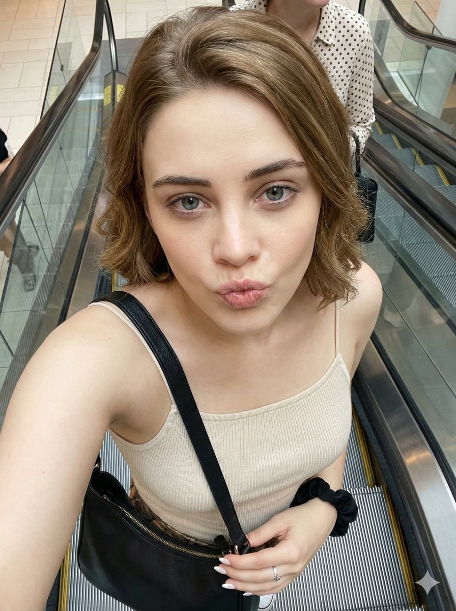 Profile / Avatar - Candid Selfie Prompt with Duck Face Expression on Escalator โ output 1