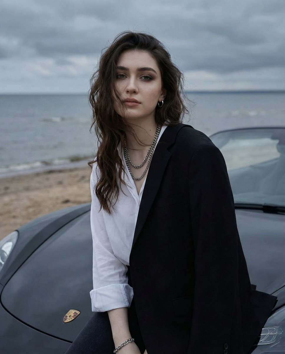 Overcast Seaside Car Hood Portrait with Identity Lock Prompt — output 1