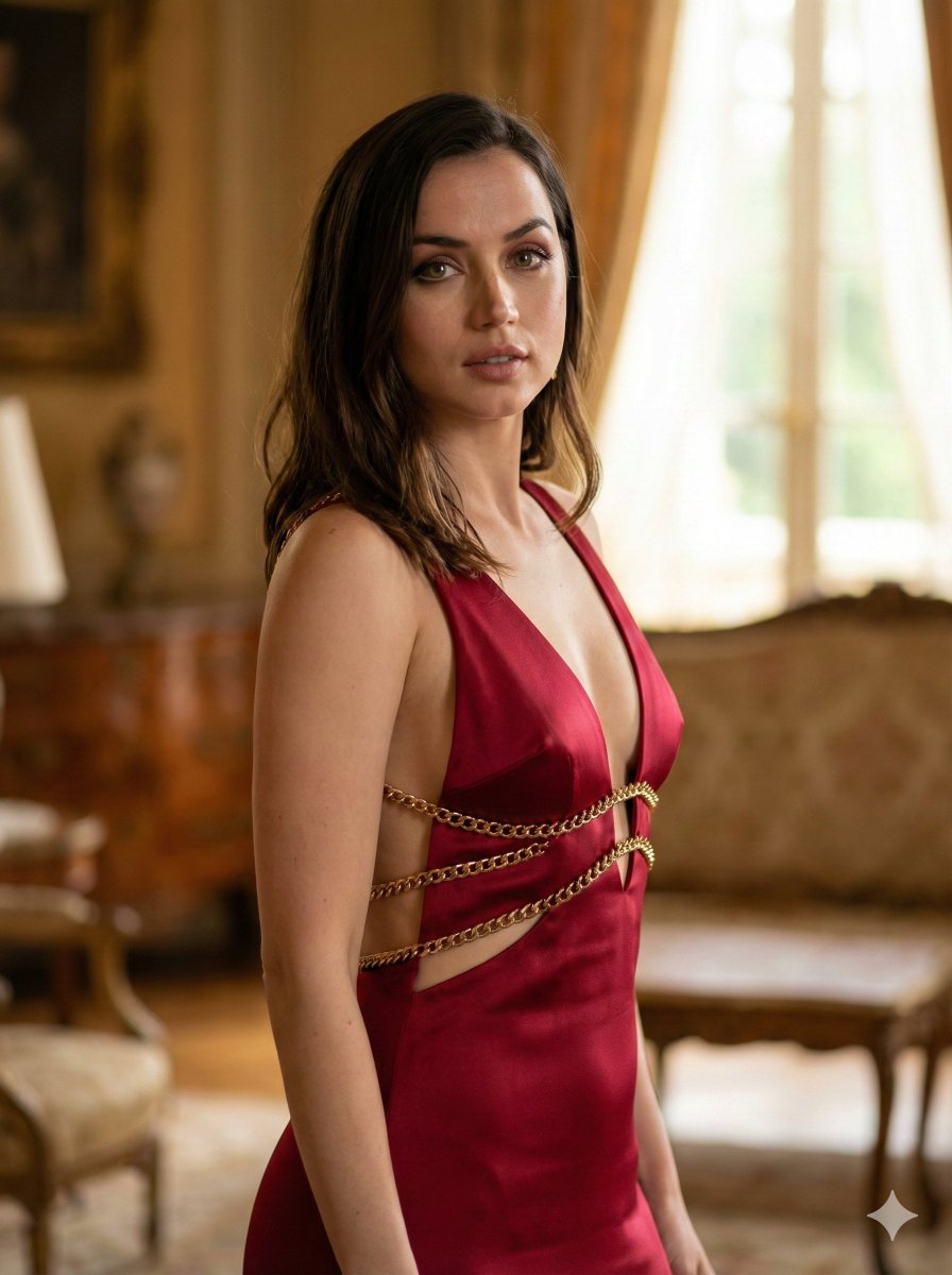 High-Fashion Cinematic Portrait of Ana de Armas in Red Satin Gown — output 1